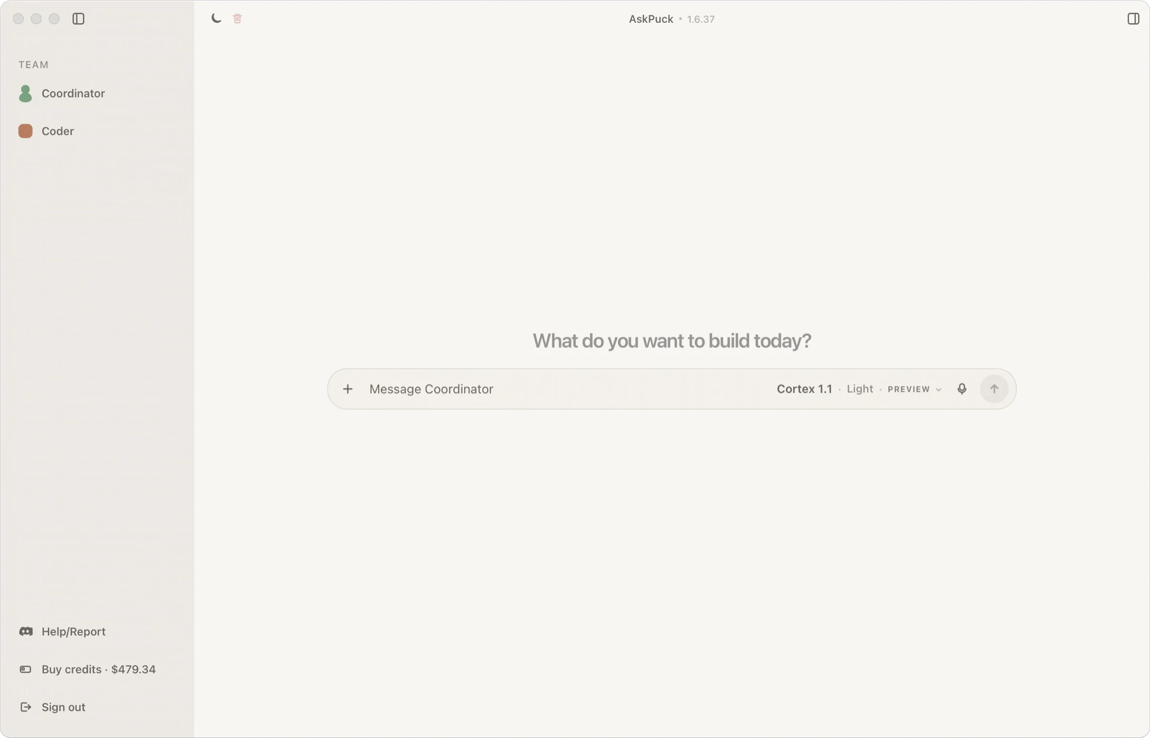 AskPuck on Mac: Coordinator and Coder, one order in the composer.